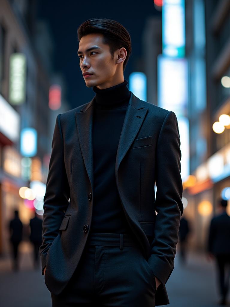 Model wearing a charcoal gray wool suit at night in Ginza.