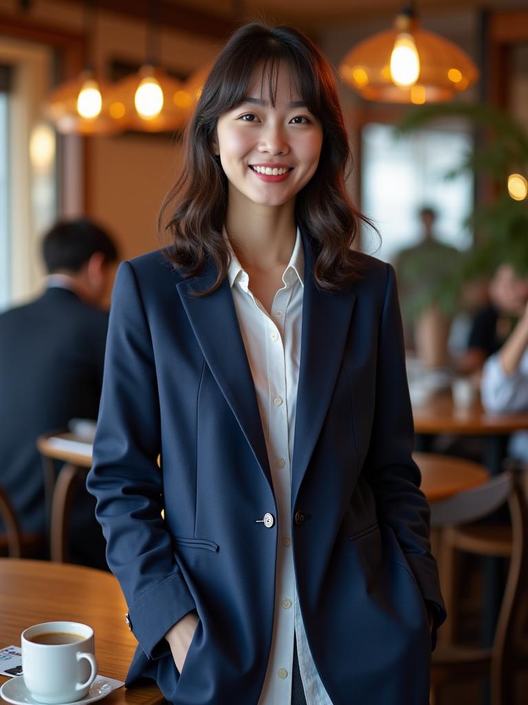 Model in a relaxed, unstructured navy blazer in a stylish Shibuya cafe.
