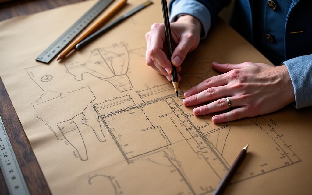 A tailor's hands drafting a unique suit pattern on large brown paper with specialized rulers.