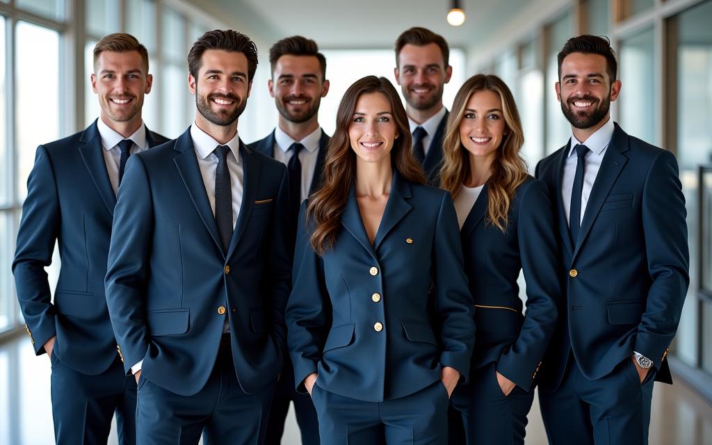 A team of professionals wearing matching, stylish corporate uniforms designed by Steel Loom.